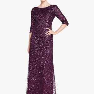 Adrianna Papell Women's 3/4 Sleeve Scoop Back Beaded Gown